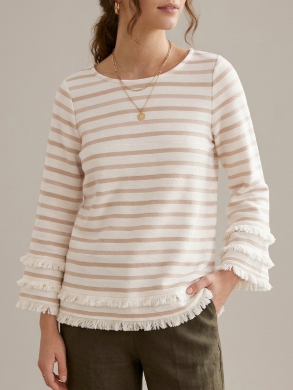 Sz S Club Monaco 100% Cotton Beige & White Striped Fringe-Trim Pullover Sweater